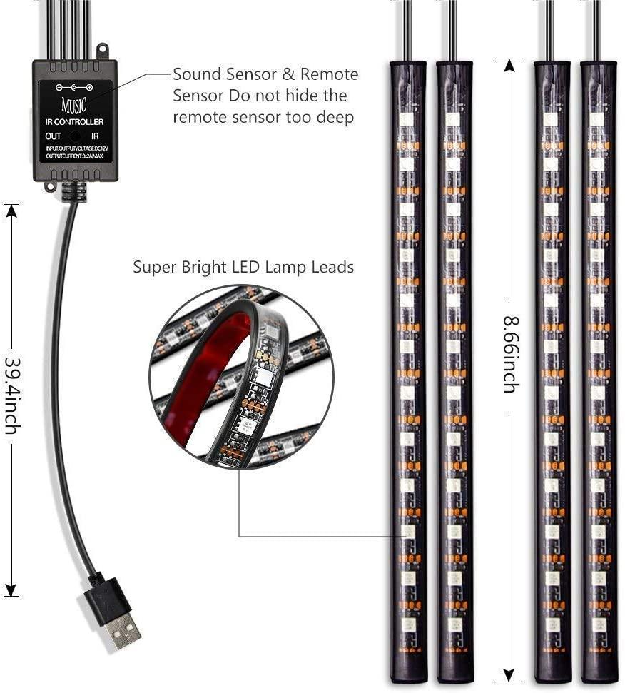 RGB Car LED Light Strips, Sound Activated with Remote Control, 48