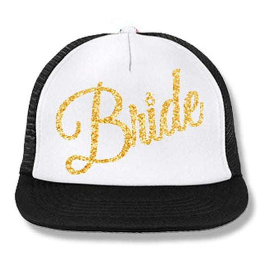 BRIDE Cursive Snapback Trucker Hat White with Gold Print