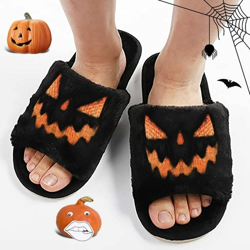 Halloween Pumpkin Fuzzy Slippers Soft Plush Cozy Open Toe Women Slides