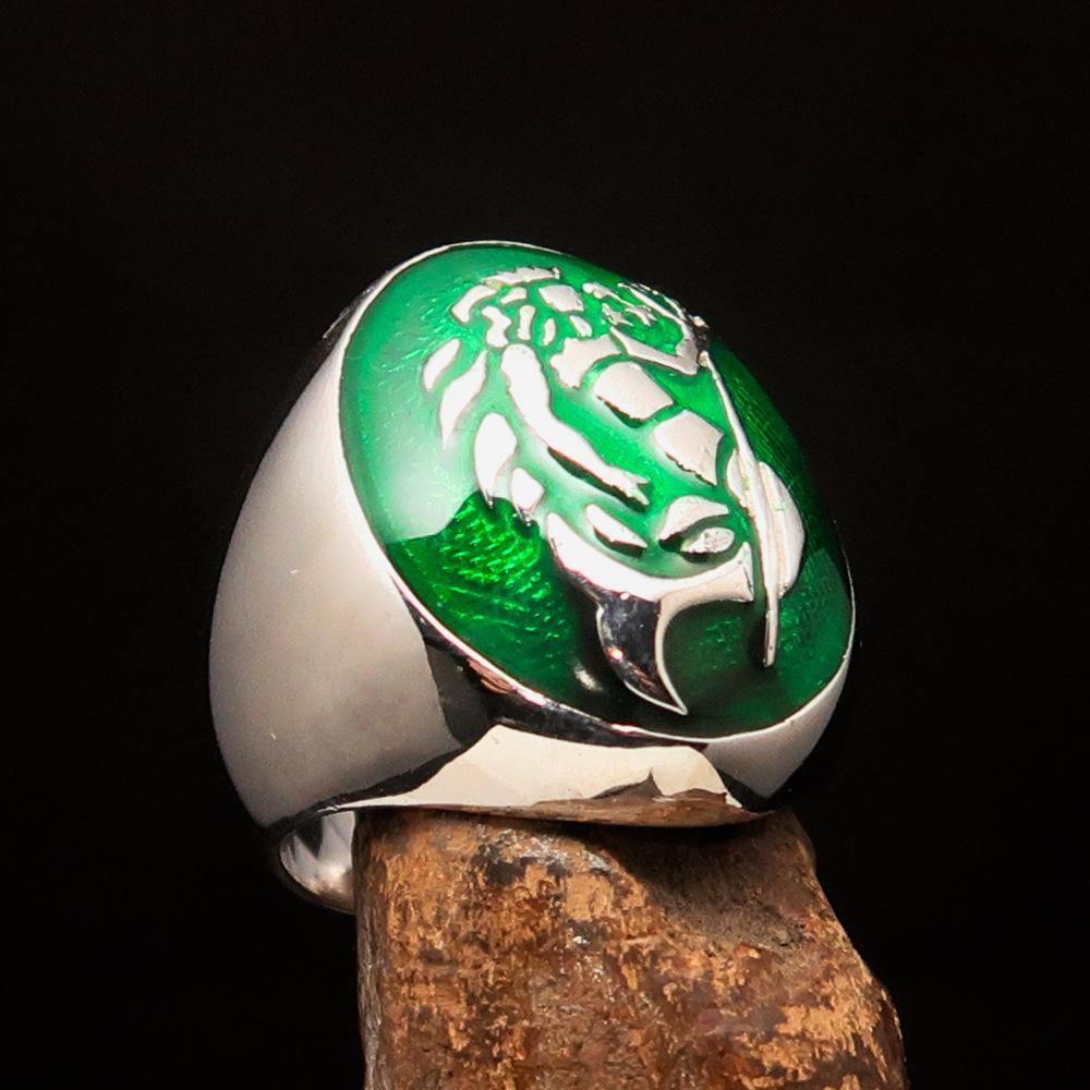 Excellent crafted Men's Aquarius Ring green Zodiac - Sterling Silver