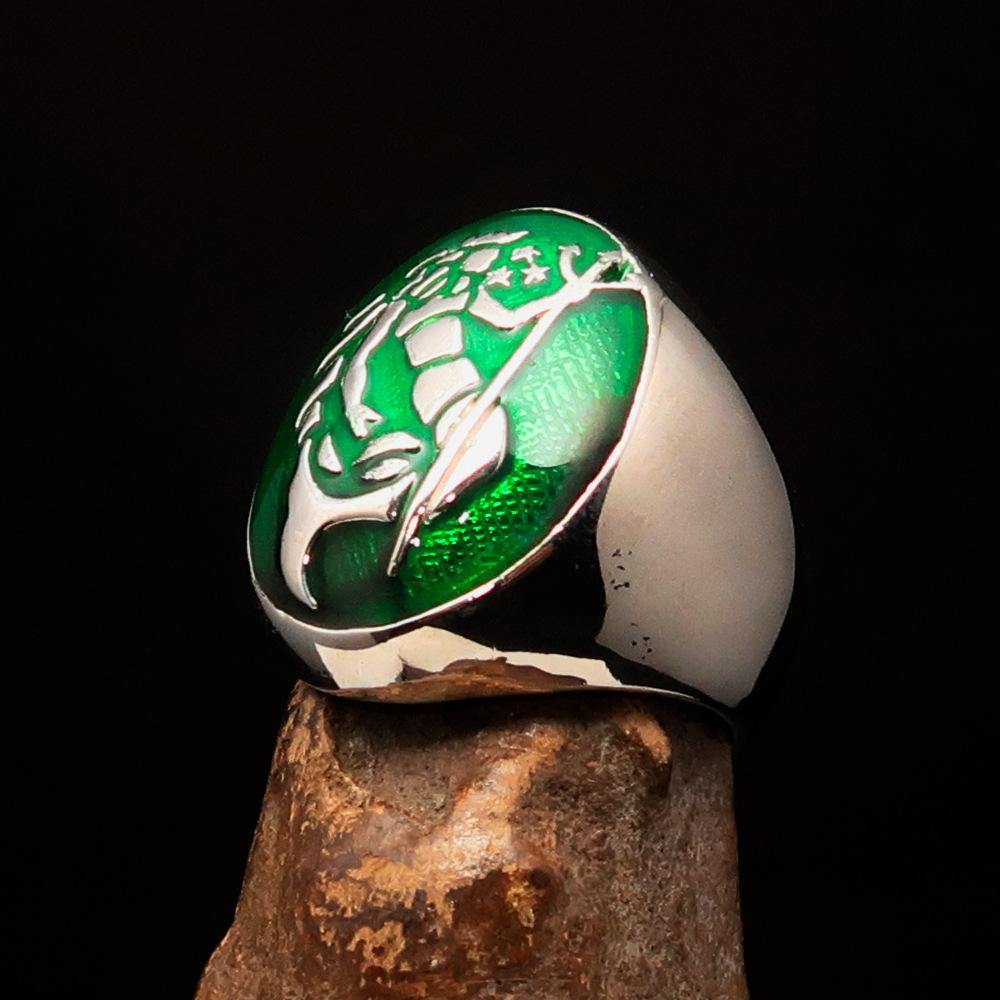 Excellent crafted Men's Aquarius Ring green Zodiac - Sterling Silver