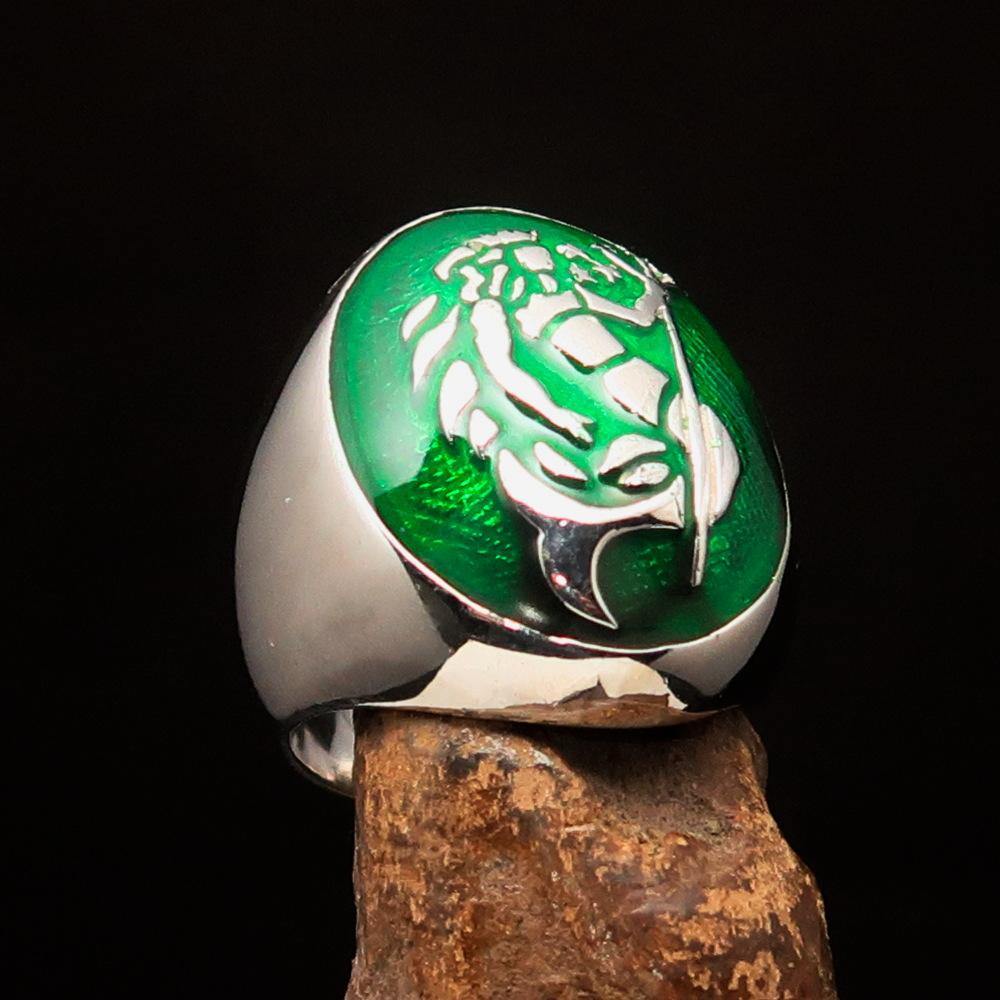 Excellent crafted Men's Aquarius Ring green Zodiac - Sterling Silver