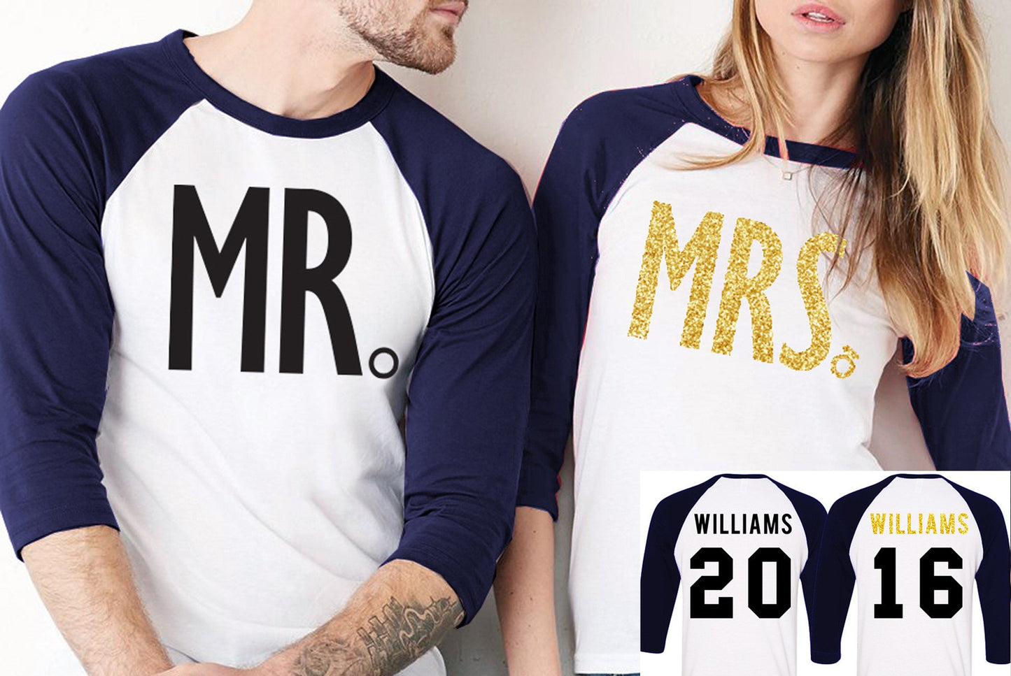 MR + MRS GOLD Baseball Tees CUSTOM NAMES + NUMBERS - Pick Color