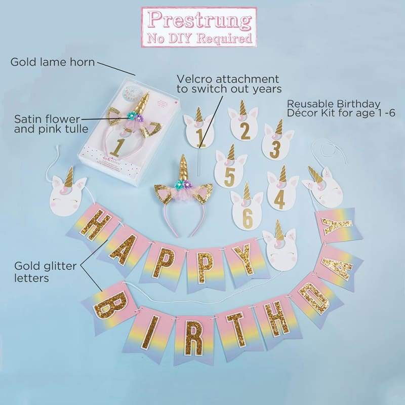 Gold Glitter Unicorn Happy Birthday Décor Kit